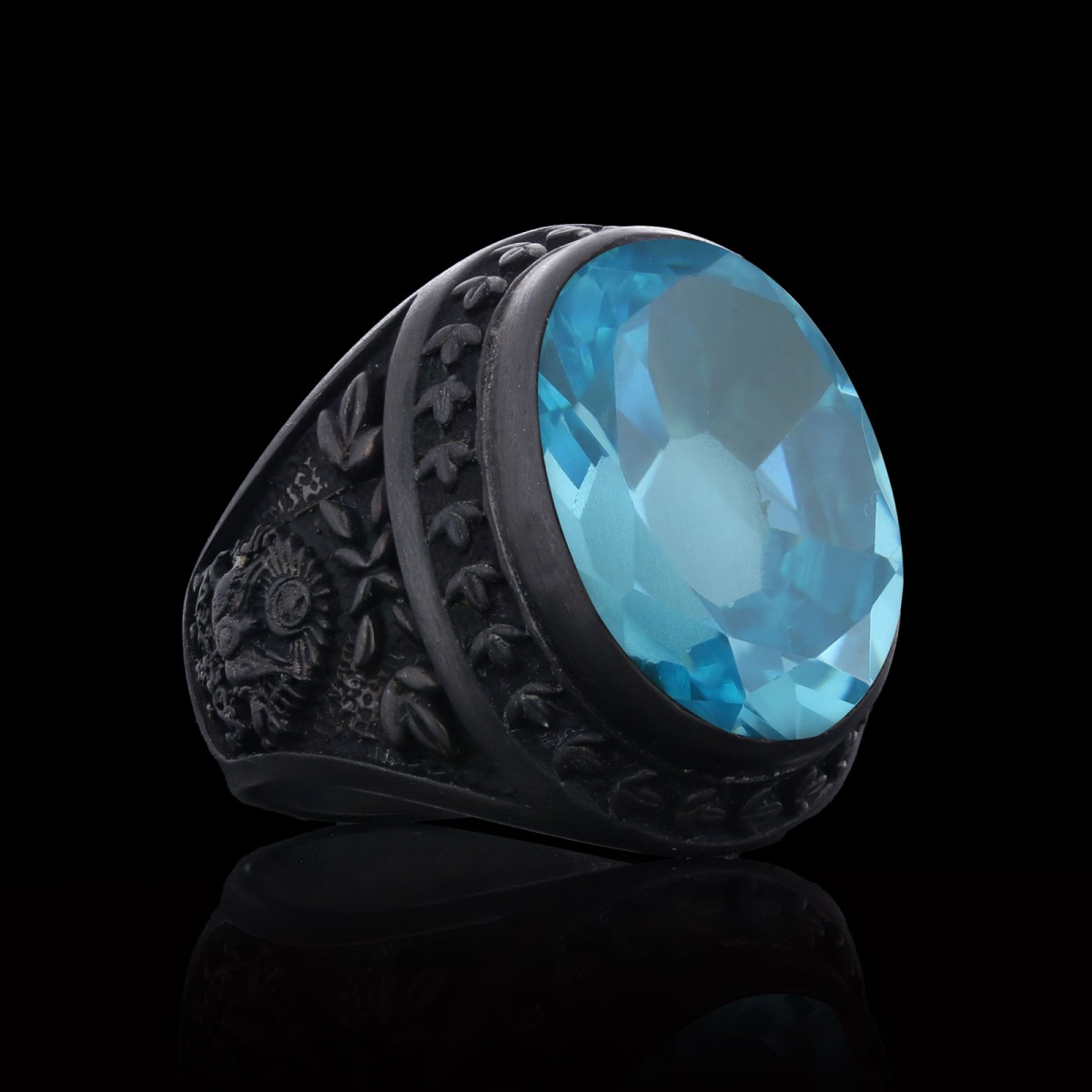 Light Blue Spinel Taşlı Tuğralı Devlet Armalı Gümüş Yüzük