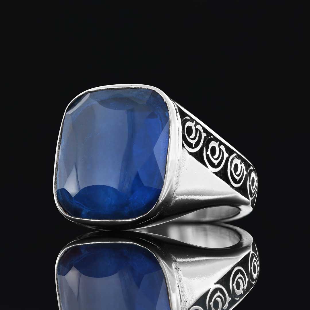 Safir Taşılı Gümüş Erkek Yüzük, El Yapımı Gümüş Yüzük