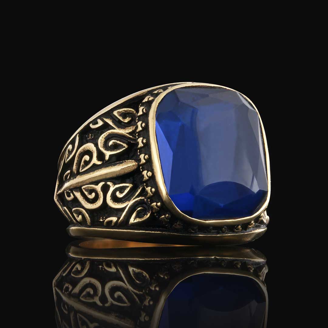 Motifli Kare Safir Taşlı 925 Ayar Gümüş Yüzük, Safir Taşlı Yüzük