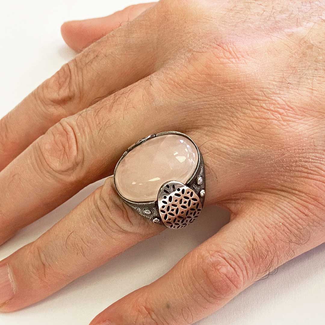 Oval Taşlı 925 Ayar Gümüş Özel Tasarım Erkek Gümüş Yüzük Gümüş-Pembe Kuvars