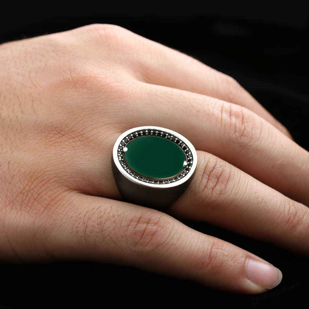 Oval Yeşil Akik Taşlı 925 Ayar Özel Tasarım Gümüş Yüzük, Yeşil Akik Yüzük