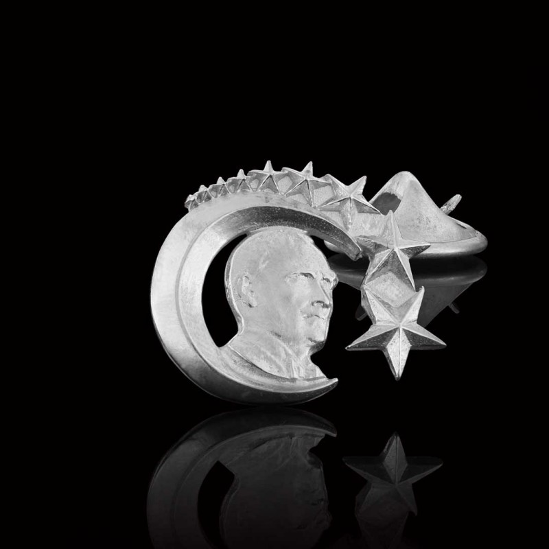 Özel Tasarım Ay Yıldız İçinde Atatürk Siluet Gümüş Rozet