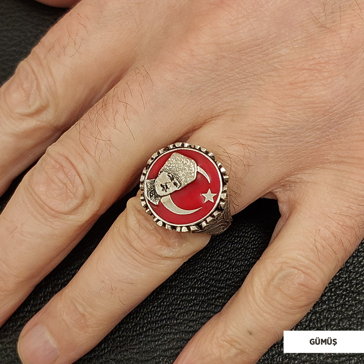 Özel Tasarım Gümüş Motifli Ay yıldız Atatürk Yüzük, Atatürk Erkek Yüzük, 925 Ayar Gümüş Ay yıldız Atatürk Erkek Yüzük