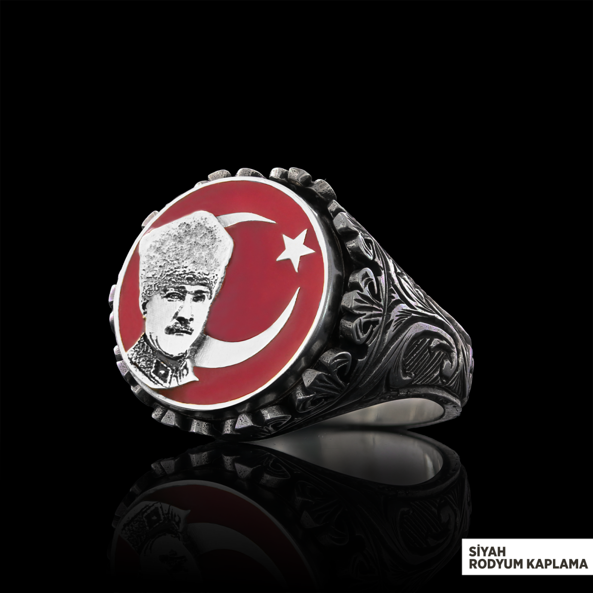 Özel Tasarım Gümüş Motifli Ay yıldız Atatürk Yüzük, Atatürk Erkek Yüzük, 925 Ayar Gümüş Ay yıldız Atatürk Erkek Yüzük