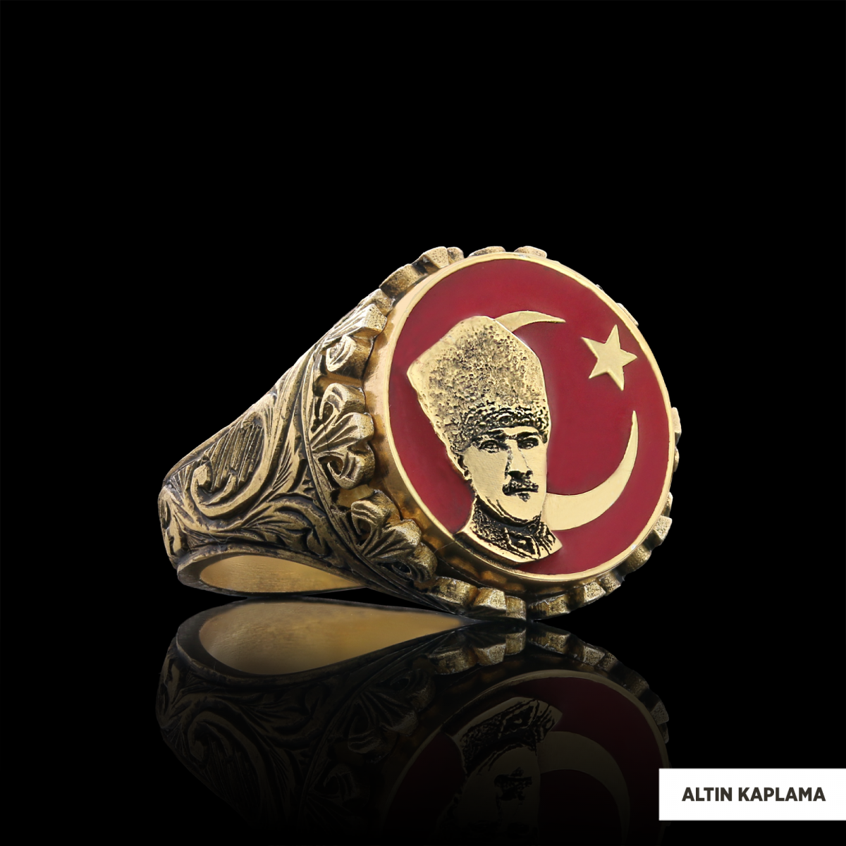 Özel Tasarım Gümüş Motifli Ay yıldız Atatürk Yüzük, Atatürk Erkek Yüzük, 925 Ayar Gümüş Ay yıldız Atatürk Erkek Yüzük