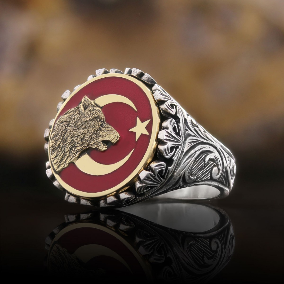 Özel Tasarım Gümüş Motifli Ay yıldız Bozkurt Yüzük, Alfa Kurt Erkek Yüzük, 925 Ayar Gümüş Ay yıldız Bozkurt Erkek Yüzük