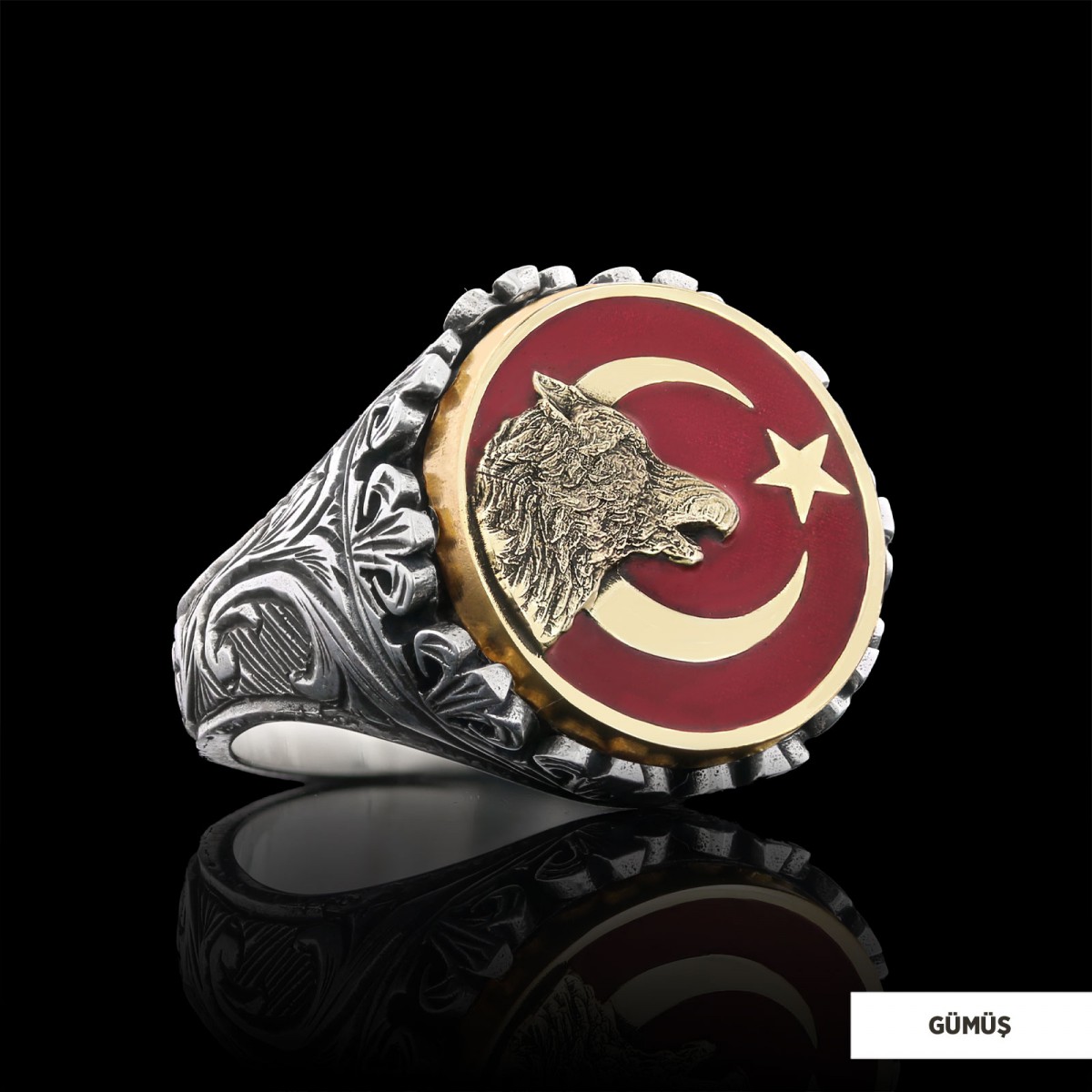 Özel Tasarım Gümüş Motifli Ay yıldız Bozkurt Yüzük, Alfa Kurt Erkek Yüzük, 925 Ayar Gümüş Ay yıldız Bozkurt Erkek Yüzük