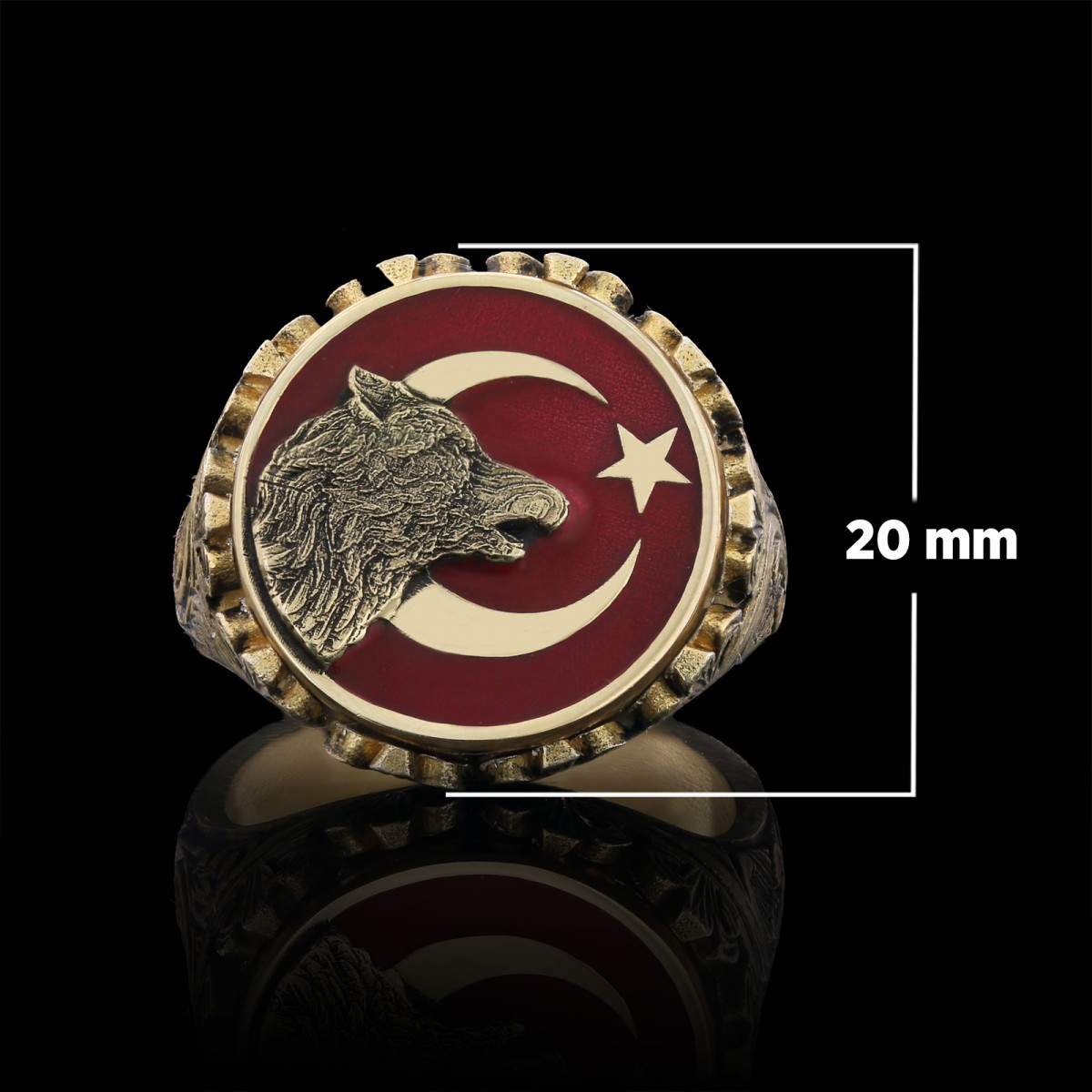 Özel Tasarım Gümüş Motifli Ay yıldız Bozkurt Yüzük, Alfa Kurt Erkek Yüzük, 925 Ayar Gümüş Ay yıldız Bozkurt Erkek Yüzük