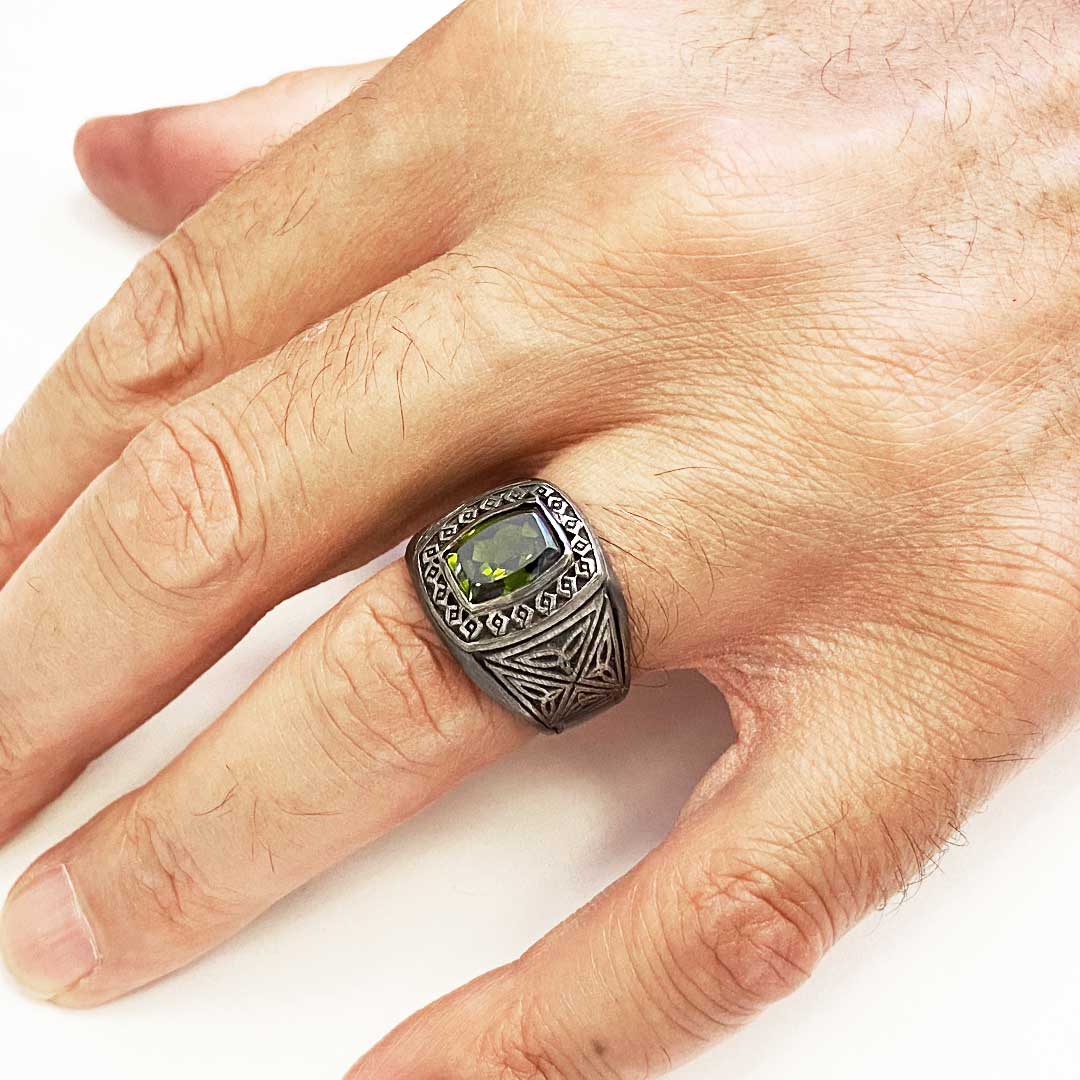 Özel Tasarım Tourmaline Taşlı Yüzük, Simetrik Desen İşlemeli Tourmaline Erkek Yüzük