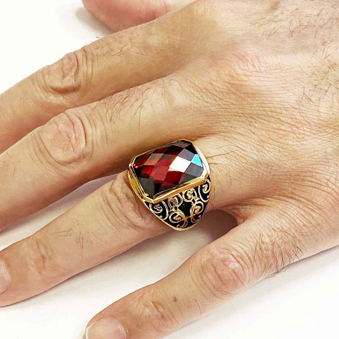 Ruby Taşlı Floral Desenli 925 Ayar Gümüş Erkek Yüzük, Ruby Taşlı Yüzük