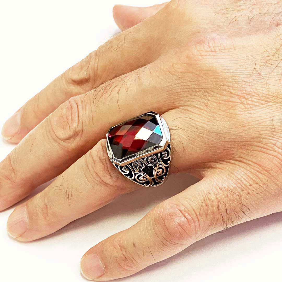 Ruby Taşlı Floral Desenli 925 Ayar Gümüş Erkek Yüzük, Ruby Taşlı Yüzük