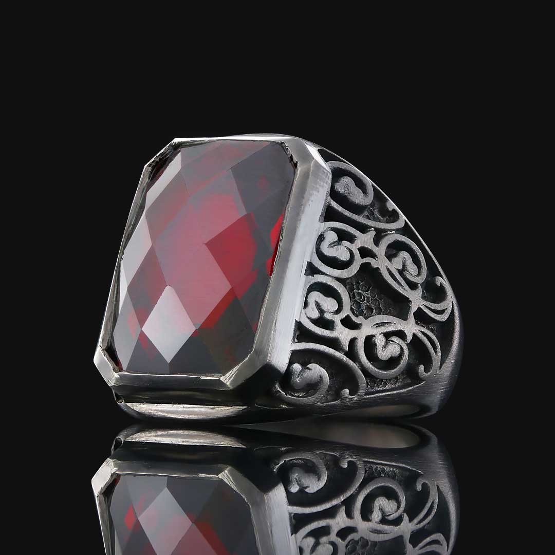 Ruby Taşlı Floral Desenli 925 Ayar Gümüş Erkek Yüzük, Ruby Taşlı Yüzük