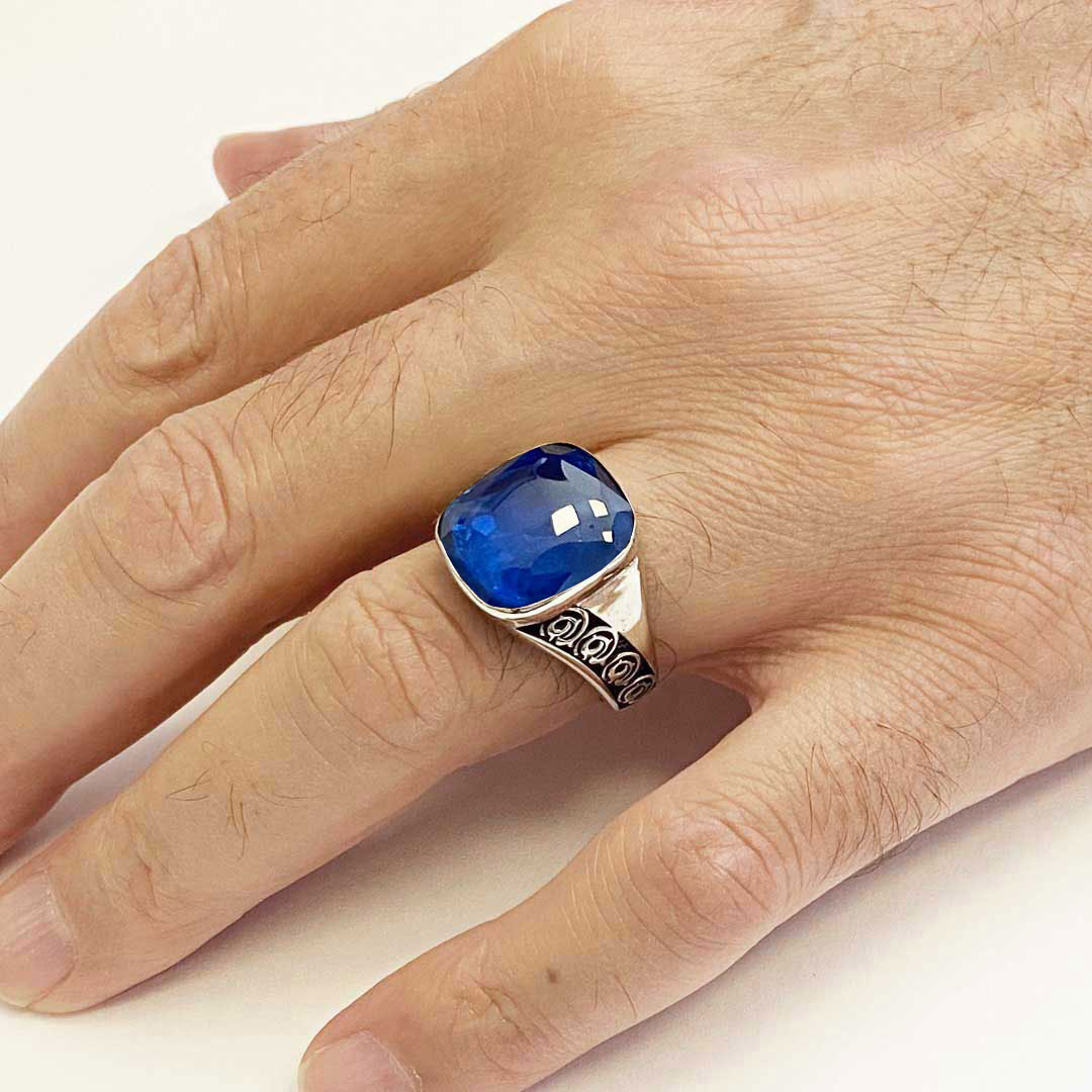 Safir Taşılı Gümüş Erkek Yüzük, El Yapımı Gümüş Yüzük