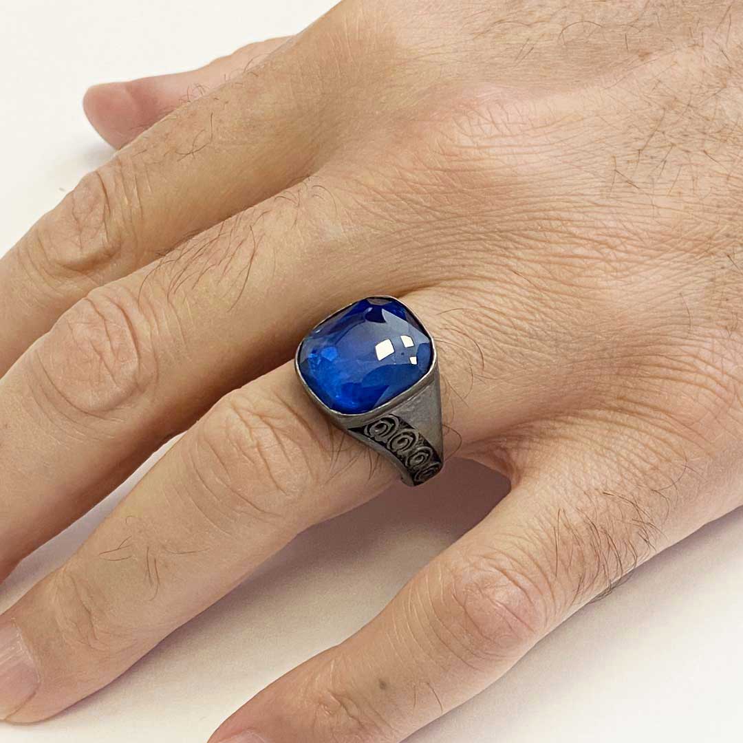 Safir Taşılı Gümüş Erkek Yüzük, El Yapımı Gümüş Yüzük