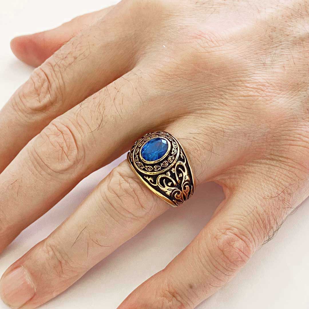 Safir Taşlı Gümüş Motifli Erkek Yüzük, Safir Taşlı Erkek Yüzük