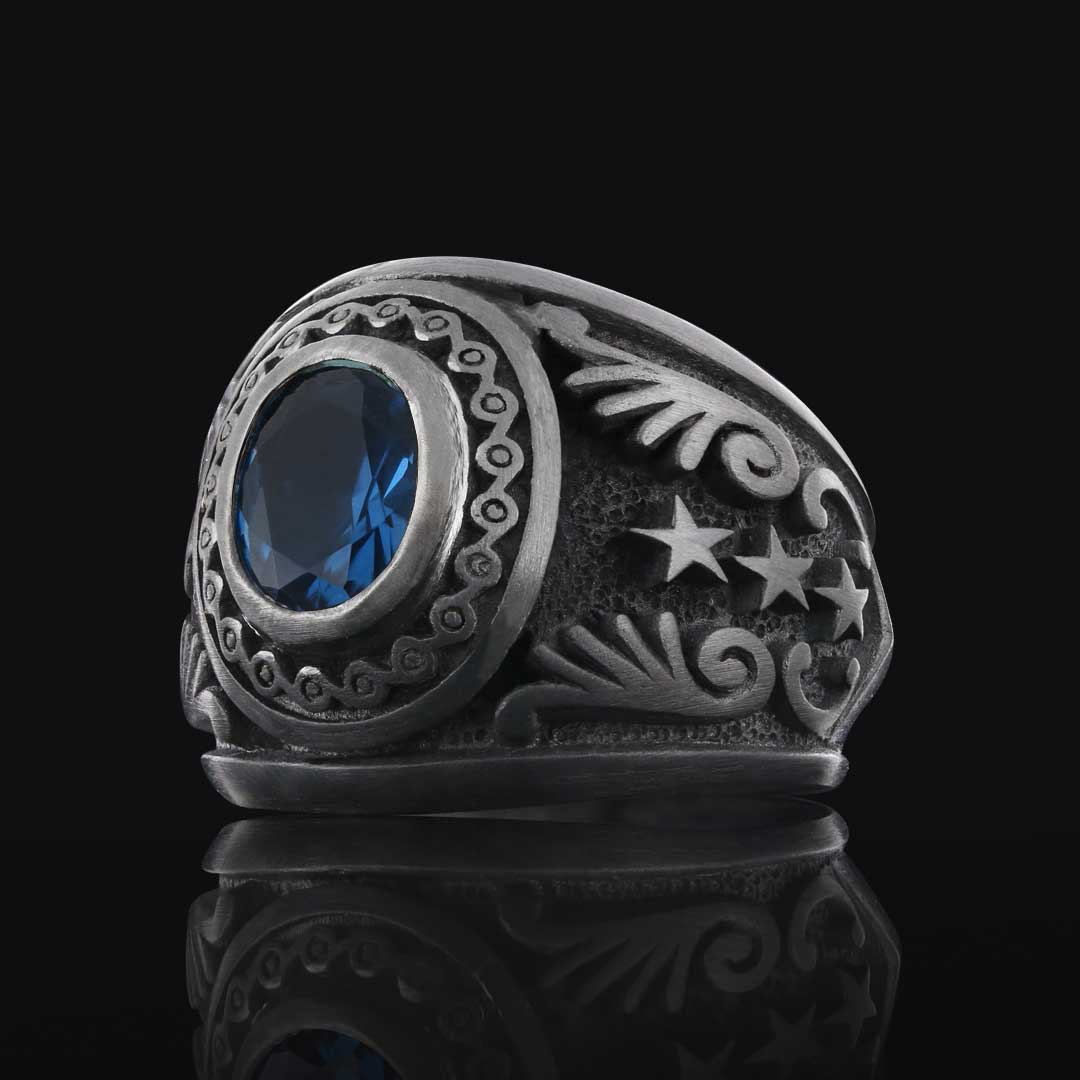 Safir Taşlı Motifli 925 Ayar Taşlı Erkek Gümüş Yüzük