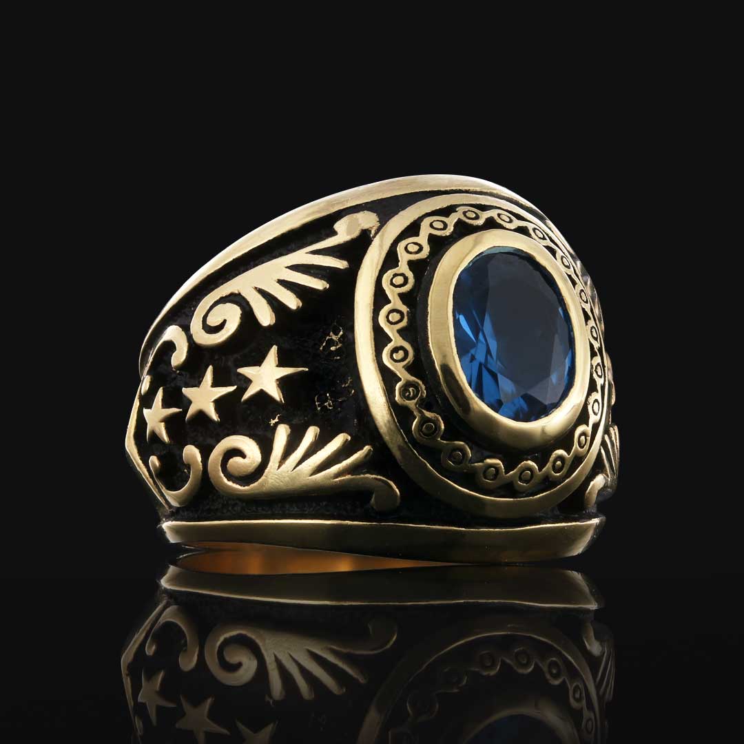 Safir Taşlı Motifli 925 Ayar Taşlı Erkek Gümüş Yüzük
