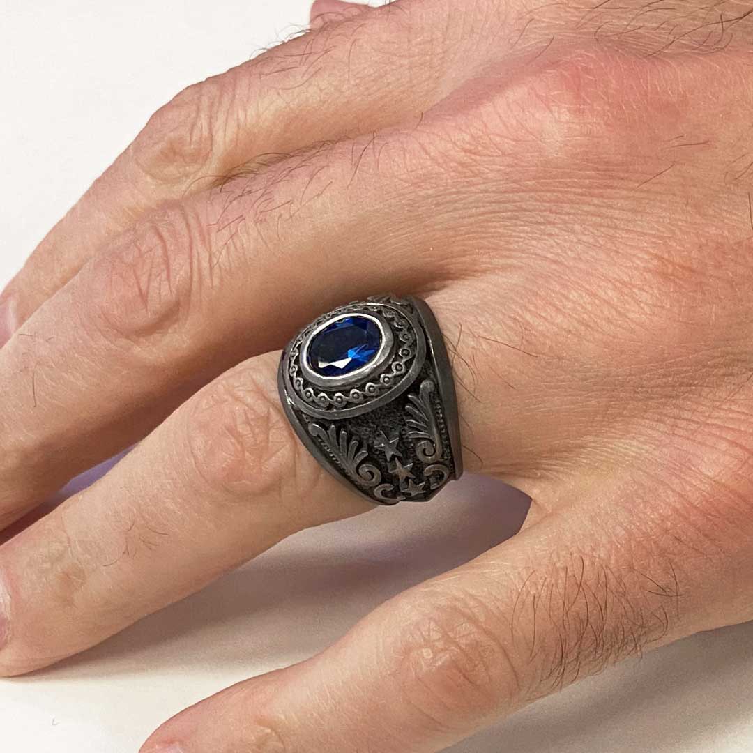 Safir Taşlı Motifli 925 Ayar Taşlı Erkek Gümüş Yüzük