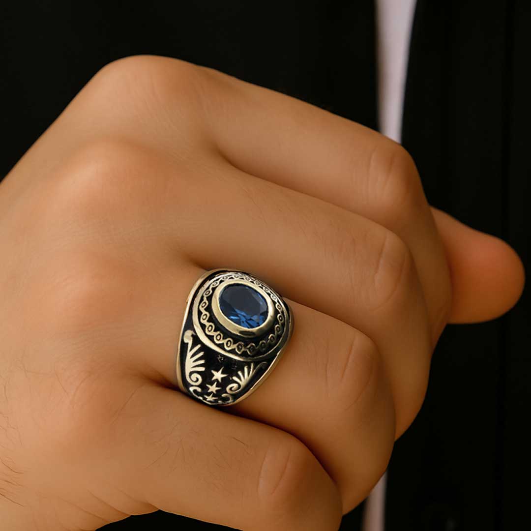 Safir Taşlı Motifli 925 Ayar Taşlı Erkek Gümüş Yüzük