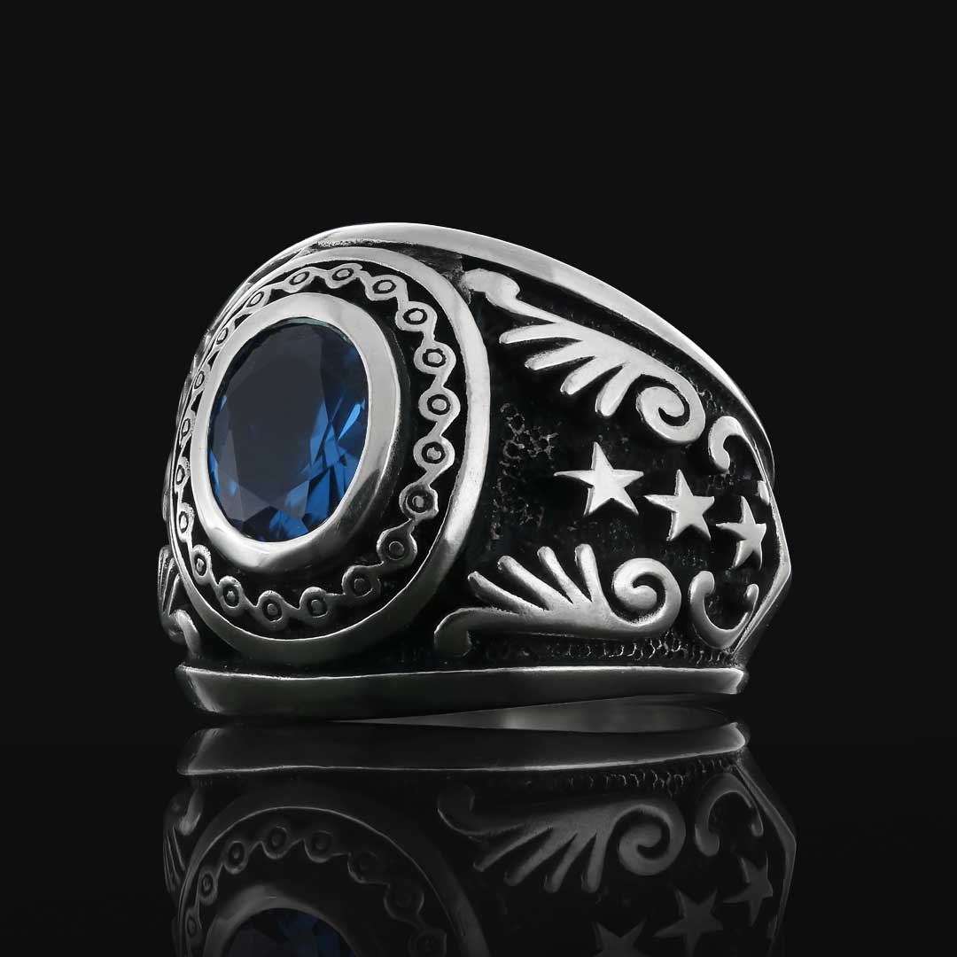 Safir Taşlı Motifli 925 Ayar Taşlı Erkek Gümüş Yüzük