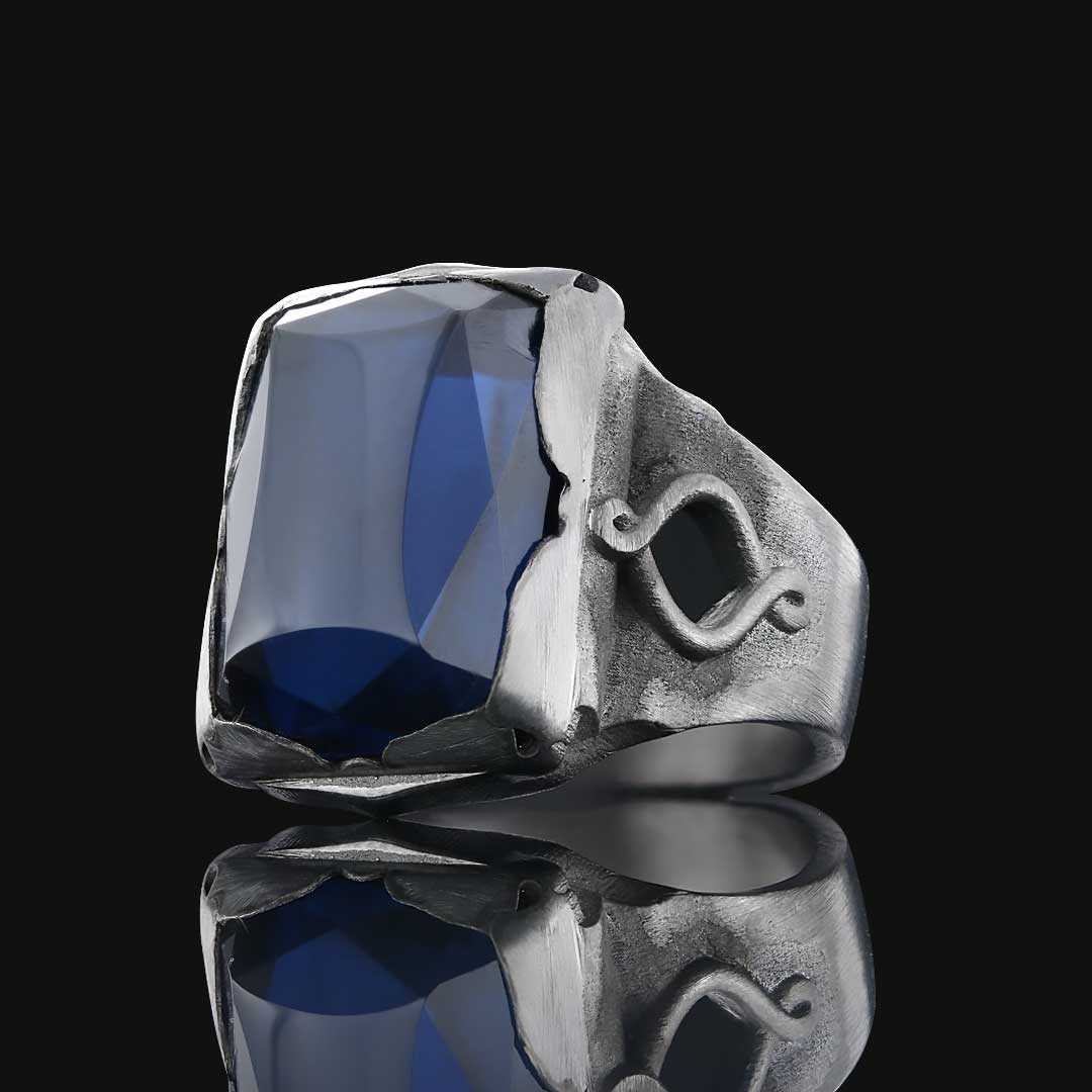 Safir Taşlı Özel Tasarım Motifli Gümüş Erkek Yüzük, Erkek Safir Gümüş Yüzük