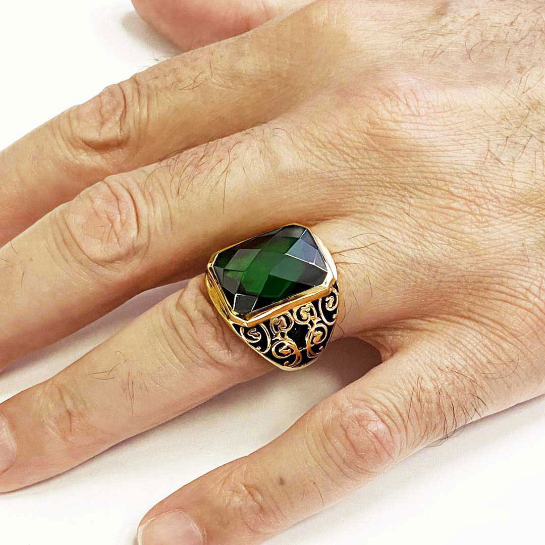 Tourmaline Floral Desenli 925 Ayar Gümüş Erkek Yüzük, Tourmaline Yüzük