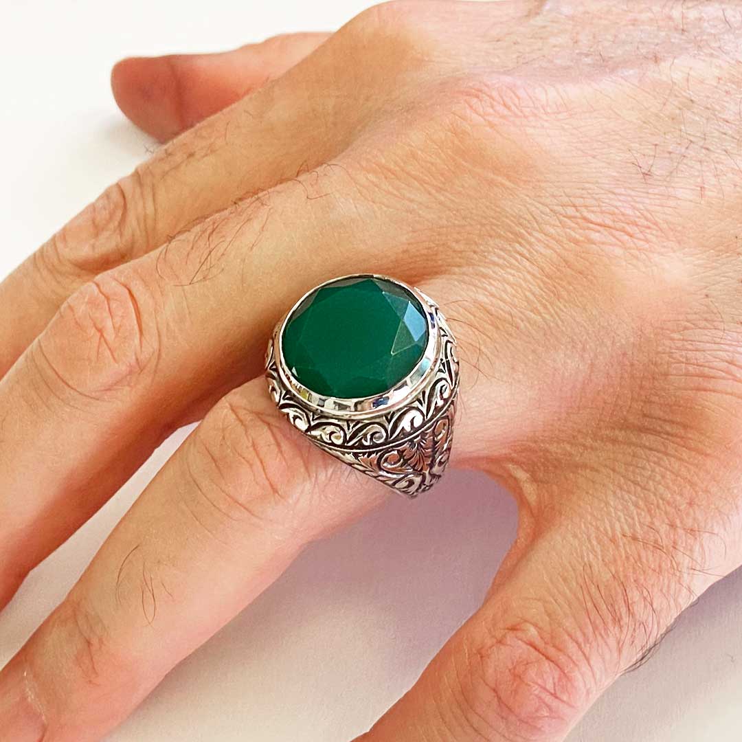 Tourmaline Taşlı Yüzük, Kişiye Özel Taşlı Kalem İşlemeli Tourmaline Taşlı Gümüş Yüzük