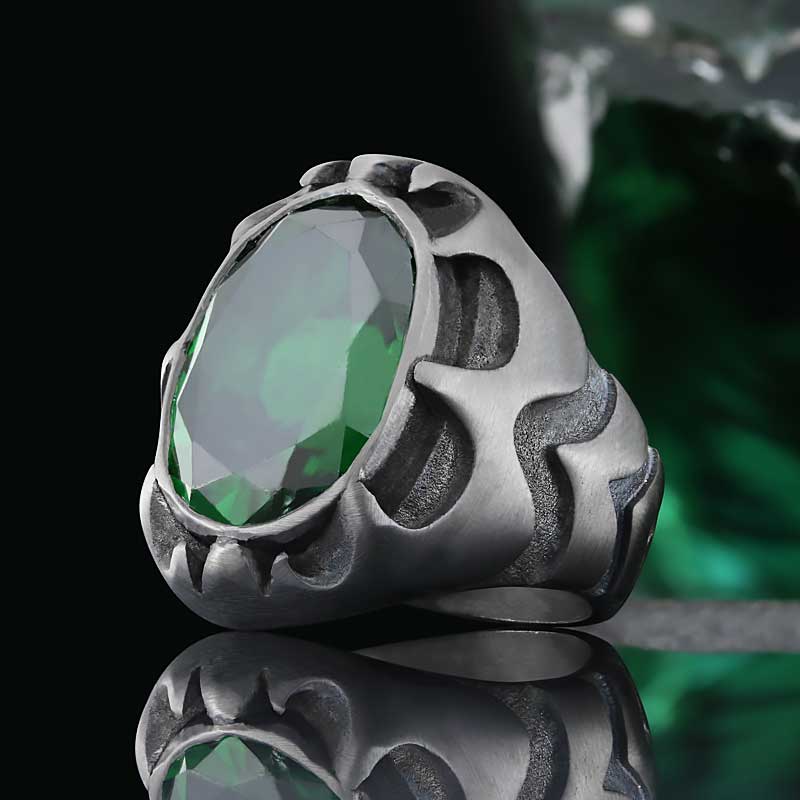 Tourmaline Taşlı Yüzüklerle Işıldayın ve Şıklığınızı Keşfedin, Büyük Tourmaline Taşlı Simetrik Desenli Gümüş Erkek Yüzük