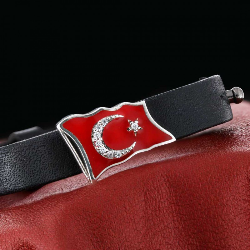 Kırmızı Mineli Taşlı Türk Bayraklı Bileklik