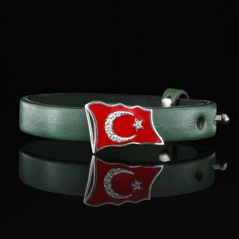 Kırmızı Mineli Taşlı Türk Bayraklı Bileklik