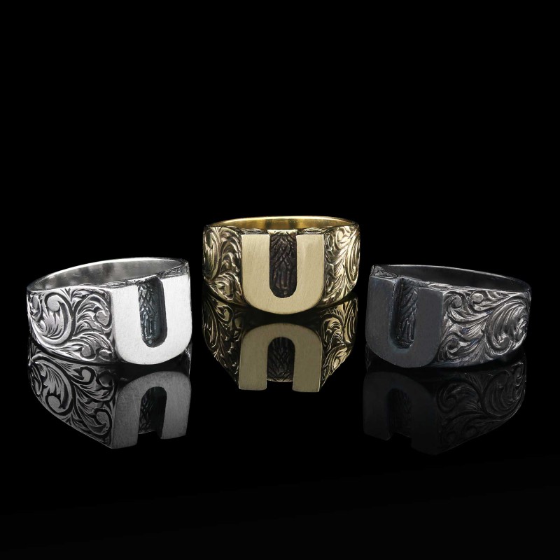 U Kalın Harfi 925 Ayar Gümüş Monogram Bayan Yüzüğü