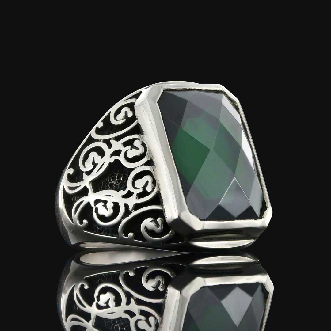 Tourmaline Floral Desenli 925 Ayar Gümüş Erkek Yüzük, Tourmaline Yüzük