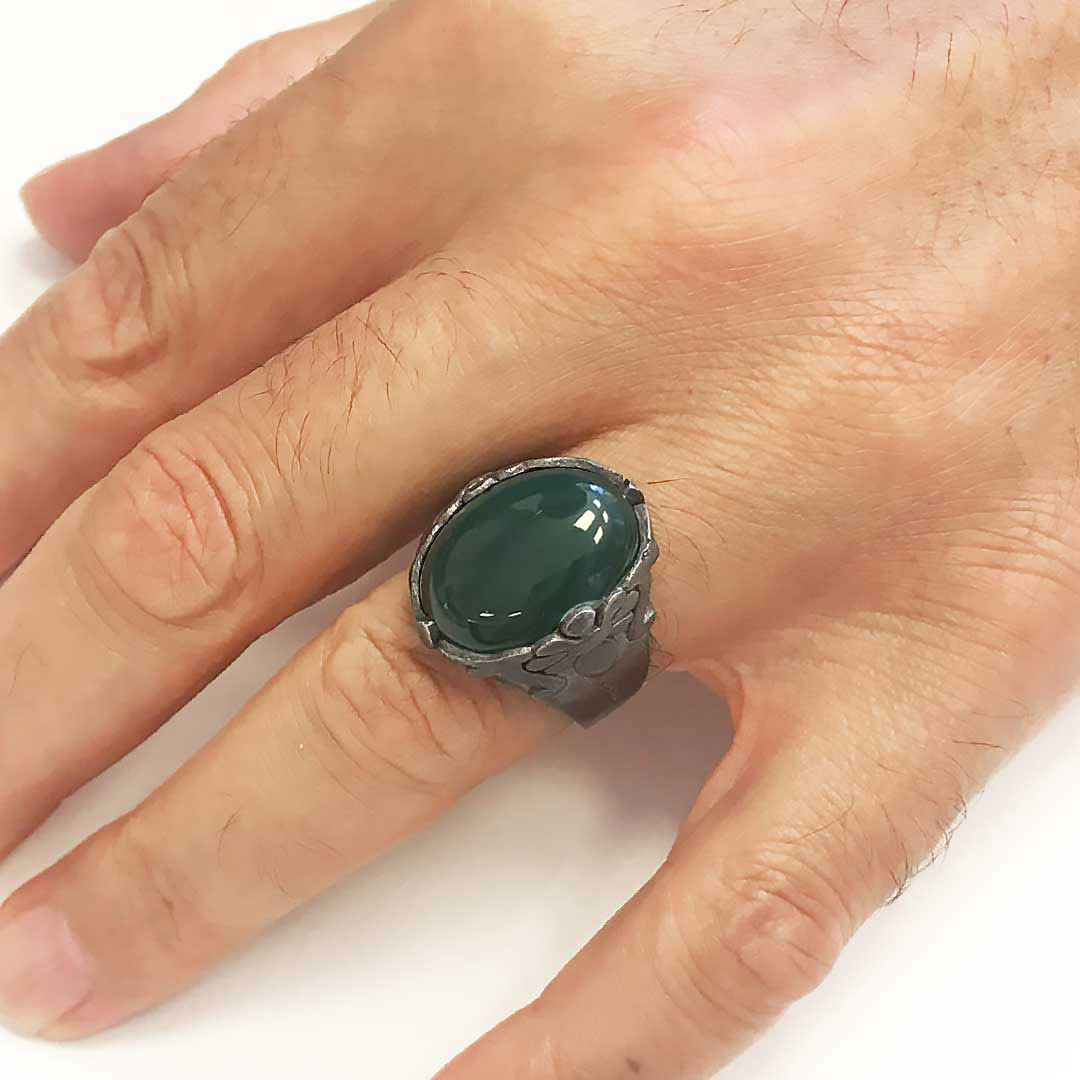 Yeşil Akik Taşlı Gümüş Erkek Yüzük, Oval Yeşil Akik Taşlı Yüzük