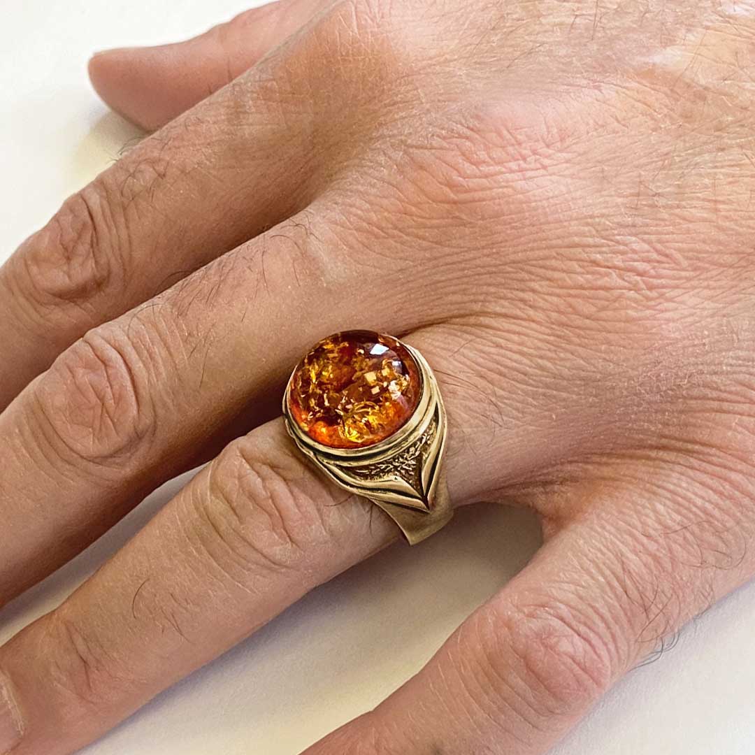 Yuvarlak Kehribar Taşlı Özel Üretim 925 Ayar Gümüş Yüzük Gold-Kehribar