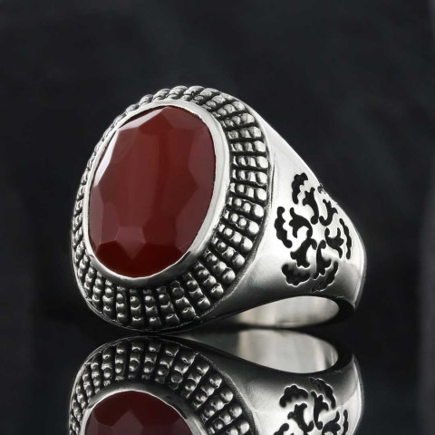 925 Ayar Gümüş Kenar Motifli Kırmızı Akik Erkek Yüzük