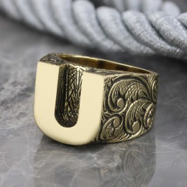 925 Ayar Gümüş Monogram U Harfi Erkek Yüzüğü