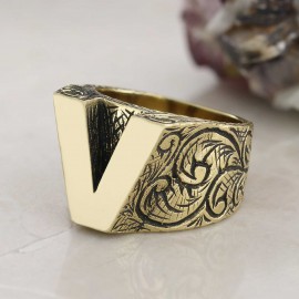925 Ayar Gümüş Monogram V Harfi Erkek Yüzüğü