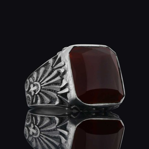 925 Ayar Gümüş Motifli Kırmızı Akik Taşlı Yüzük, Kırmızı Akik Erkek Yüzük