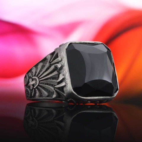 925 Ayar Gümüş Motifli Oniks Yüzük, Oniks Erkek Yüzük, Siyah Akik Yüzük