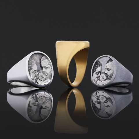 925 Ayar Gümüş Özel Tasarım El Yapımı Oval Fotoğraflı Aile Yüzüğü