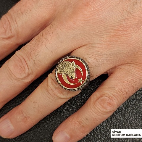 Alfa Kurt Ay Yıldız Yüzük, Kişiye Özel Üretim Bozkurt  Ay Yıldız Yüzük, 925 Ayar Gümüş  Ay Yıldız Ulu Kurt Erkek Yüzük