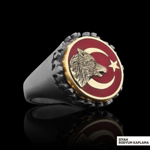 Alfa Kurt Ay Yıldız Yüzük, Kişiye Özel Üretim Bozkurt  Ay Yıldız Yüzük, 925 Ayar Gümüş  Ay Yıldız Ulu Kurt Erkek Yüzük