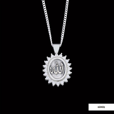 Allah Yazılı Gümüş Taşlı Kolye