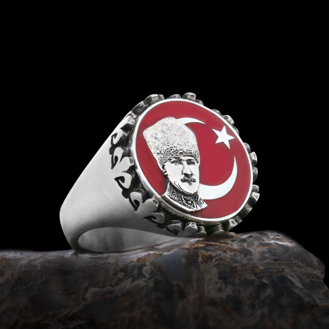Atatürk Ay Yıldız Yüzük, Kişiye Özel Üretim Atatürk  Ay Yıldız Yüzük, 925 Ayar Gümüş  Ay Yıldız Atatürk Erkek Yüzük
