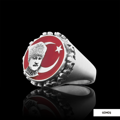Atatürk Ay Yıldız Yüzük, Kişiye Özel Üretim Atatürk  Ay Yıldız Yüzük, 925 Ayar Gümüş  Ay Yıldız Atatürk Erkek Yüzük