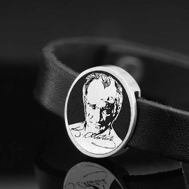 Atatürk Fotoğraflı Gümüş Oval Bileklik