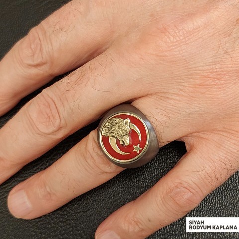 Ay Yıldız Alfa Kurt Figürlü Yuvarlak Yüzük, Özel Tasarım Gümüş Ay Yıldız Bozkurt Yüzük, Gümüş Ay Yıldız Bozkurt Yüzük