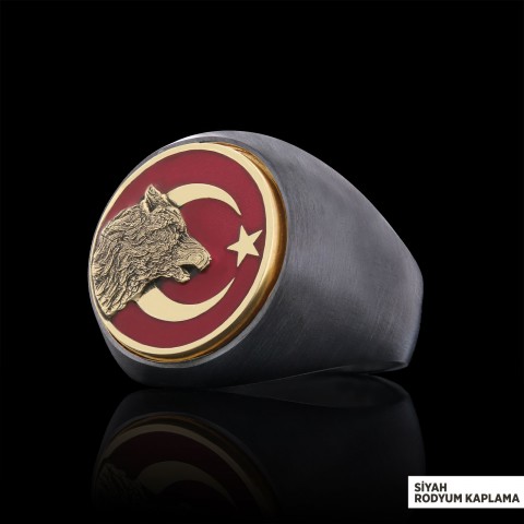 Ay Yıldız Alfa Kurt Figürlü Yuvarlak Yüzük, Özel Tasarım Gümüş Ay Yıldız Bozkurt Yüzük, Gümüş Ay Yıldız Bozkurt Yüzük