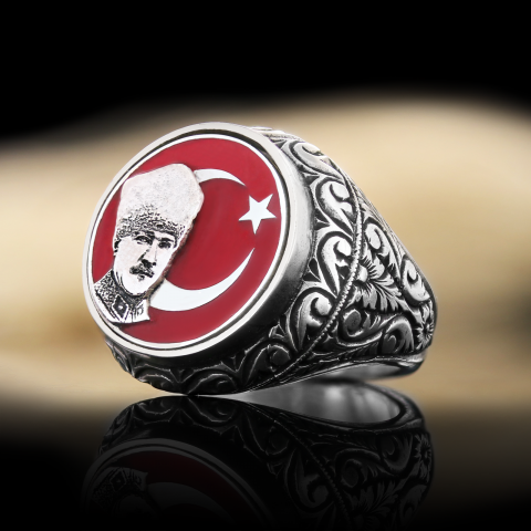 Ay Yıldız Atatürk Yüzük, Özel Tasarım Yanları Motifli Ay Yıldız Atatürk Yüzük, Gümüş Ay Yıldız Atatürk Yüzük