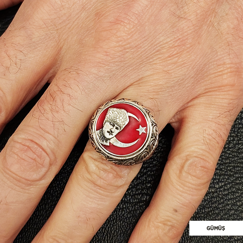 Ay Yıldız Atatürk Yüzük, Özel Tasarım Yanları Motifli Ay Yıldız Atatürk Yüzük, Gümüş Ay Yıldız Atatürk Yüzük
